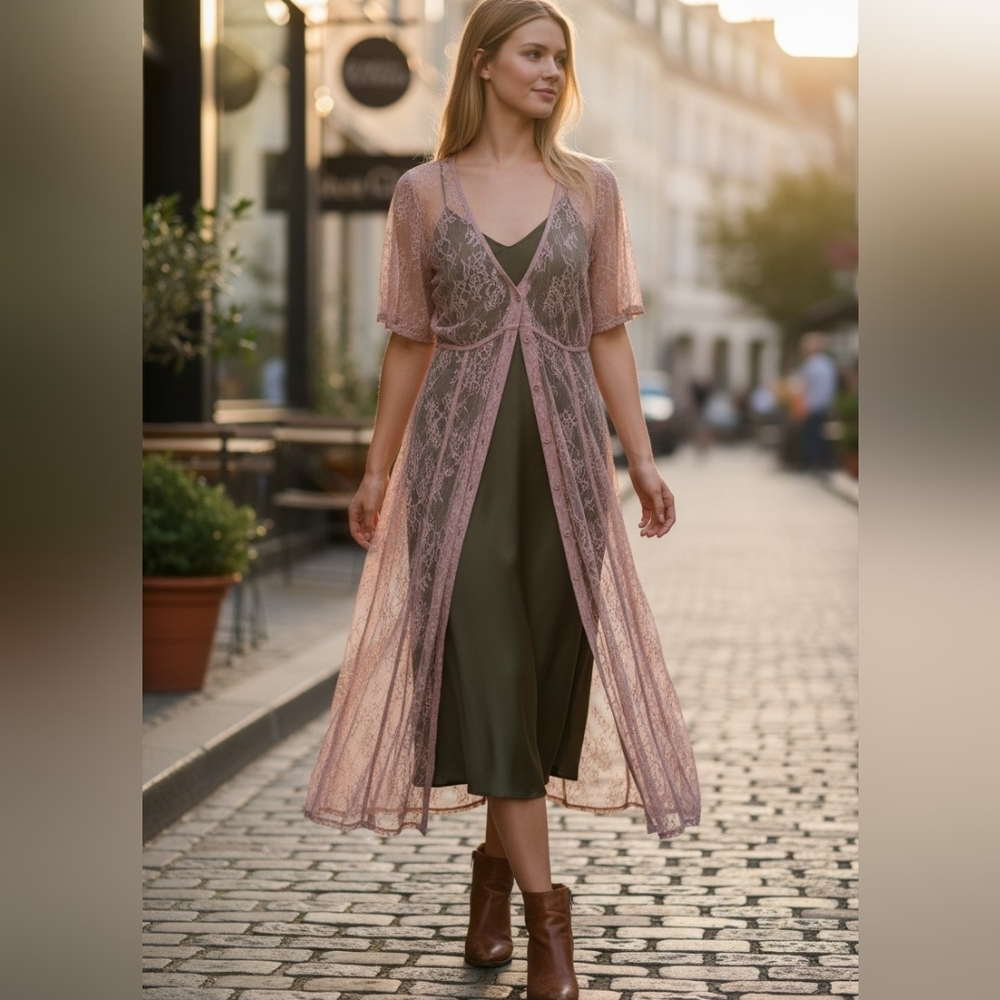 Anthropologie Dusty Rose Lace Duster Over Olive Slip Dress
